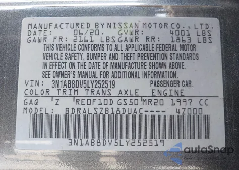 2020 Nissan Sentra Sr Xtronic Cvt z USA, uszkodzony, nr VIN 3N1AB8DV5LY252519